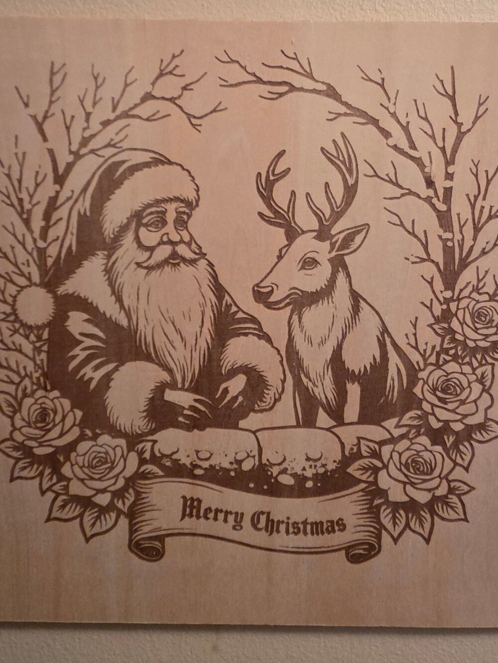 Laser Engraved Santa & Reindeer Wooden Wall Art 12x12 Christmas Sign Wood Plaque
